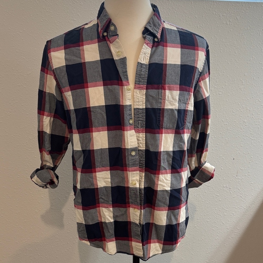 J. Crew Men's Casual Plaid Shirt in Navy, Red, and White